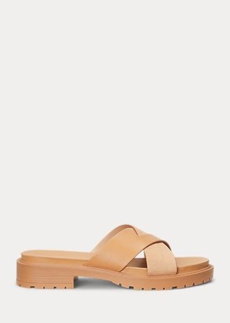 Vaaleankeltainen naisten Ralph Lauren Kelsie Nappan nahka & amp; Mokkanahkaiset tossut