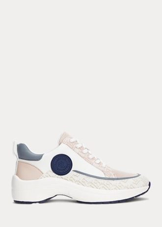 Vaaleanpunainen naisten Ralph Lauren Reaghan -logo Jacquard & Nahkaiset tennarit Vaaleanpunainen naisten Ralph Lauren Reaghan -logo Jacquard & Nahkaiset tennarit