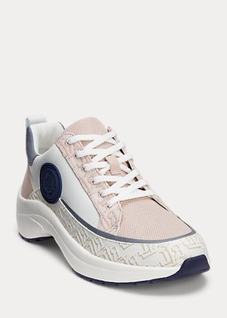 Vaaleanpunainen naisten Ralph Lauren Reaghan -logo Jacquard & Nahkaiset tennarit Vaaleanpunainen naisten Ralph Lauren Reaghan -logo Jacquard & Nahkaiset tennarit