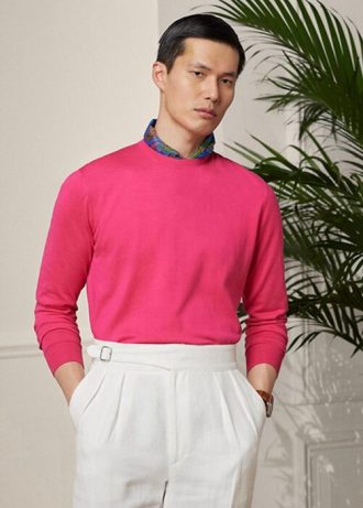Vaaleanpunaiset miesten Ralph Lauren Cotton Crewneck -neulepuserot Vaaleanpunaiset miesten Ralph Lauren Cotton Crewneck -neulepuserot
