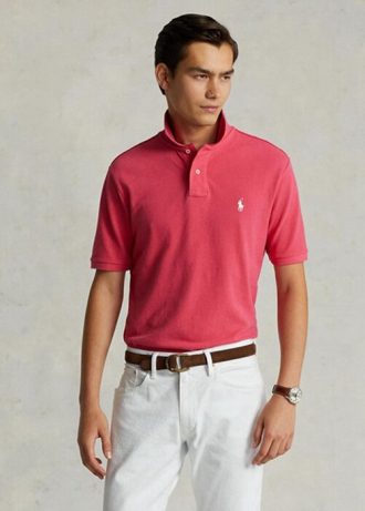 Vaaleanpunaiset miesten Ralph Lauren mukautetut Slim Fit mesh poolopaidat Vaaleanpunaiset miesten Ralph Lauren mukautetut Slim Fit mesh poolopaidat