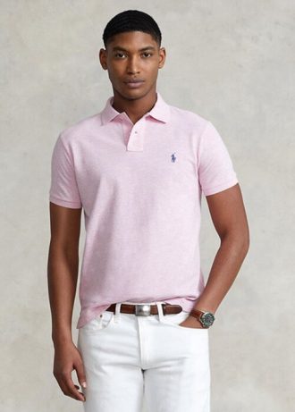 Vaaleanpunaiset miesten Ralph Lauren mukautetut Slim Fit mesh poolopaidat Vaaleanpunaiset miesten Ralph Lauren mukautetut Slim Fit mesh poolopaidat