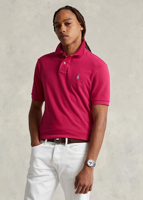 Vaaleanpunaiset miesten Ralph Lauren mukautetut Slim Fit mesh poolopaidat Vaaleanpunaiset miesten Ralph Lauren mukautetut Slim Fit mesh poolopaidat