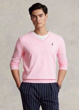 Vaaleanpunaiset miesten Ralph Lauren Slim Fit -kuvioidut puuvillaiset neulepuserot Vaaleanpunaiset miesten Ralph Lauren Slim Fit -kuvioidut puuvillaiset neulepuserot