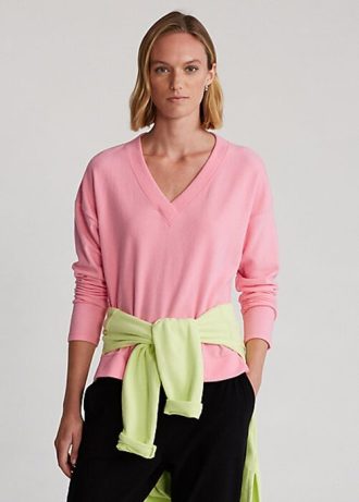 Vaaleanpunaiset naisten Ralph Lauren Jersey V-kaula-aukkoiset villapaidat Vaaleanpunaiset naisten Ralph Lauren Jersey V-kaula-aukkoiset villapaidat