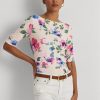 Vaaleanpunaiset naisten Ralph Lauren kukkaiset joustavat puuvillaiset T-paidat Vaaleanpunaiset naisten Ralph Lauren kukkaiset joustavat puuvillaiset T-paidat