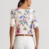 Vaaleanpunaiset naisten Ralph Lauren kukkaiset joustavat puuvillaiset T-paidat Vaaleanpunaiset naisten Ralph Lauren kukkaiset joustavat puuvillaiset T-paidat