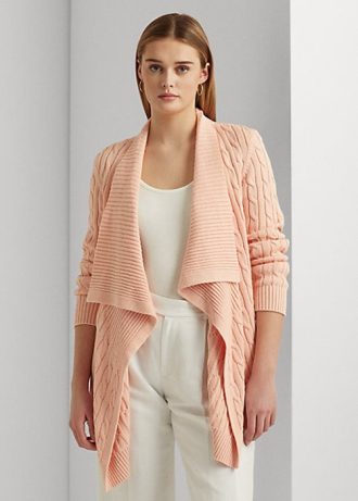 Vaaleanpunaiset naisten Ralph Lauren pellava-puuvilla-neulotut neuletakit Vaaleanpunaiset naisten Ralph Lauren pellava-puuvilla-neulotut neuletakit