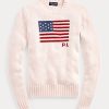 Vaaleanpunaiset naisten Ralph Lauren Pink Pony Flag -puuvillapuserot Vaaleanpunaiset naisten Ralph Lauren Pink Pony Flag -puuvillapuserot