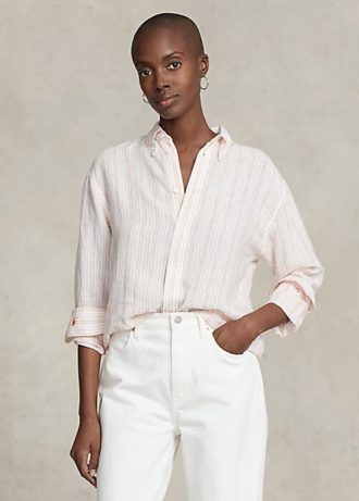 Vaaleanpunaiset naisten Ralph Lauren Relaxed Fit raidalliset pellavapaidat
