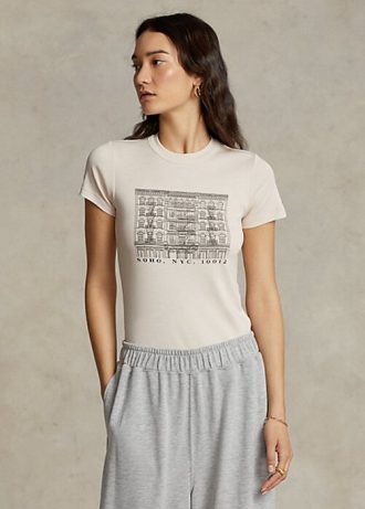 Vaaleanpunaiset Naisten Ralph Lauren Slim Graphic Ribbed T-paidat