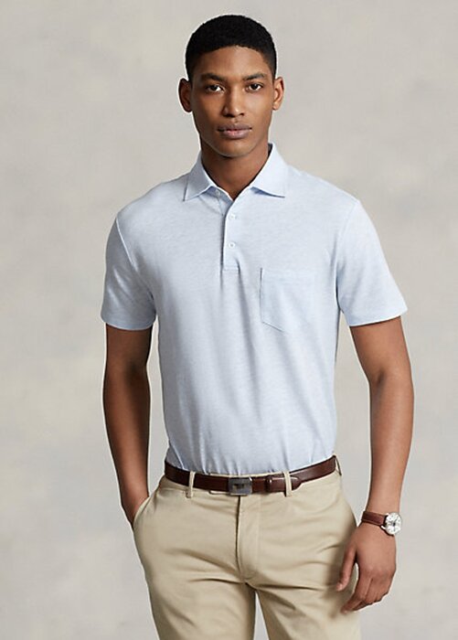 Vaaleansininen miesten Ralph Lauren mukautetut Slim Fit puuvilla-pellava poolopaidat Vaaleansininen miesten Ralph Lauren mukautetut Slim Fit puuvilla-pellava poolopaidat