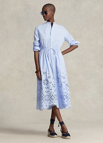 Vaaleansininen naisten Ralph Lauren -silmukkakirjailtu mekko