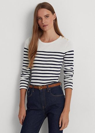 Valkoinen/laivasto Naisten Ralph Lauren Striped Cotton T-paidat