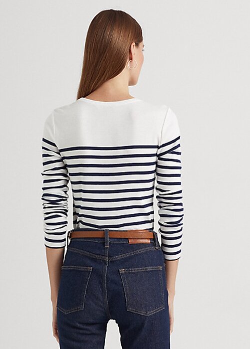 Valkoinen/laivasto Naisten Ralph Lauren Striped Cotton T-paidat Valkoinen/laivasto Naisten Ralph Lauren Striped Cotton T-paidat