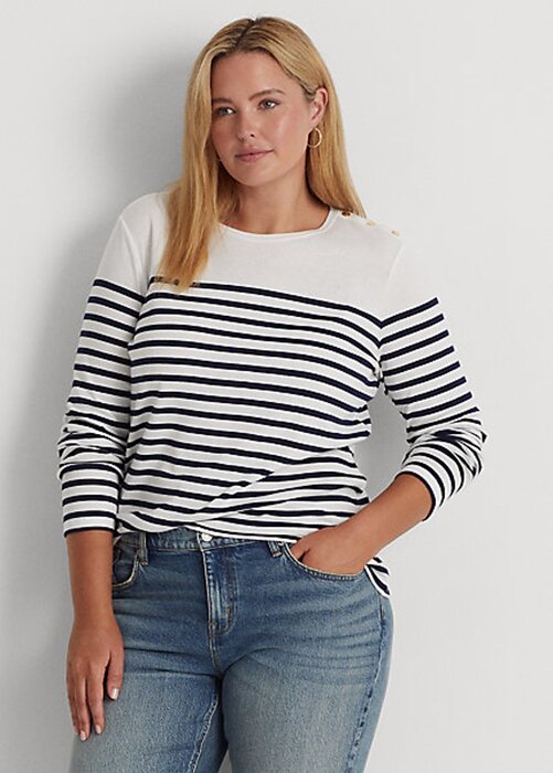 Valkoinen/laivasto Naisten Ralph Lauren Striped puuvillaiset pitkähihaiset puserot Valkoinen/laivasto Naisten Ralph Lauren Striped puuvillaiset pitkähihaiset puserot