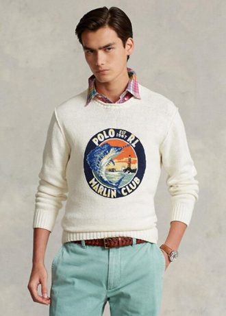 Valkoinen Miesten Ralph Lauren Puuvilla-pellava Graphic Neulepuserot Valkoinen Miesten Ralph Lauren Puuvilla-pellava Graphic Neulepuserot