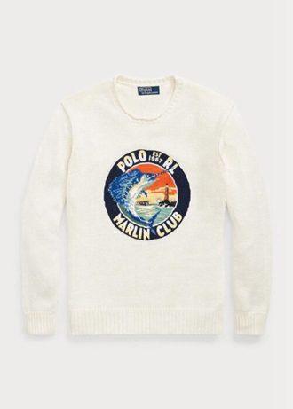 Valkoinen Miesten Ralph Lauren Puuvilla-pellava Graphic Neulepuserot Valkoinen Miesten Ralph Lauren Puuvilla-pellava Graphic Neulepuserot