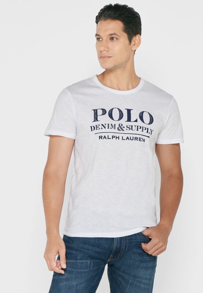 Valkoinen Miesten Ralph Lauren Slogan Crew Neck T-paidat Valkoinen Miesten Ralph Lauren Slogan Crew Neck T-paidat