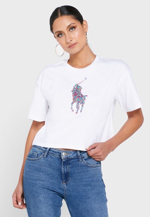 Valkoinen naisten Ralph Lauren Crew Neck Graphic T-paidat Valkoinen naisten Ralph Lauren Crew Neck Graphic T-paidat