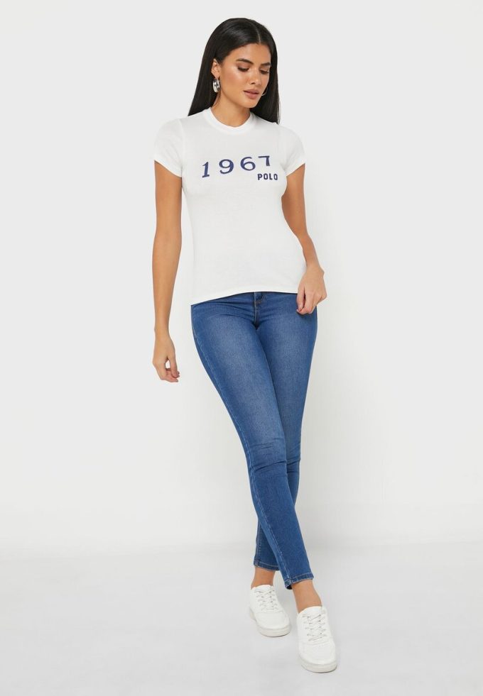 Valkoinen naisten Ralph Lauren Crew Neck Graphic T-paidat Valkoinen naisten Ralph Lauren Crew Neck Graphic T-paidat