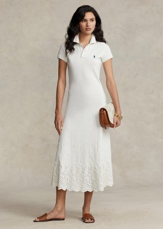 Valkoinen naisten Ralph Lauren Eyelet Stretch Cotton Mesh -mekko