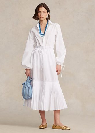 Valkoinen naisten Ralph Lauren laskostettu helma, kiristysnyörillinen A-linjainen hame