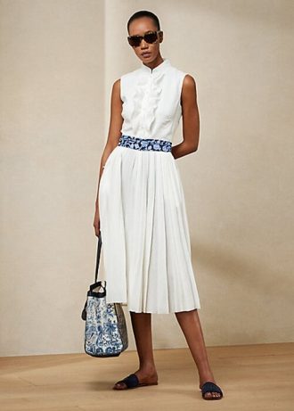 Valkoinen naisten Ralph Lauren Roald laskostettu pellavahihaton päivämekko