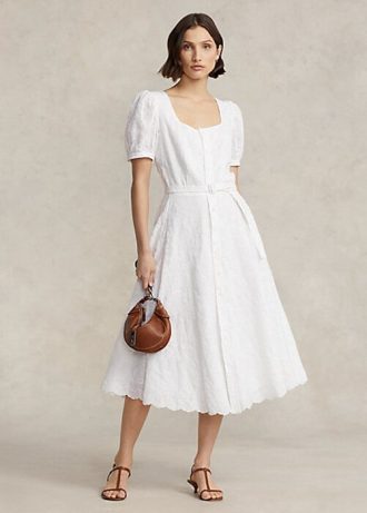 Valkoinen naisten Ralph Lauren -silmukkakirjailtu pellavamekko