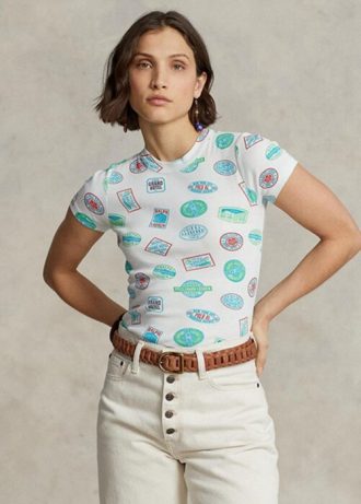 Valkoinen Naisten Ralph Lauren Travel Motif Ribbed Cotton T-paidat