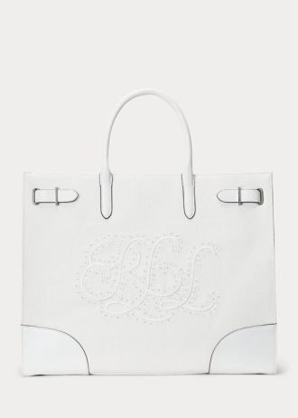 Valkoinen/valkoinen naisten Ralph Lauren Eyelet Canvas -suuret Devyn-kangaskassit Valkoinen/valkoinen naisten Ralph Lauren Eyelet Canvas -suuret Devyn-kangaskassit