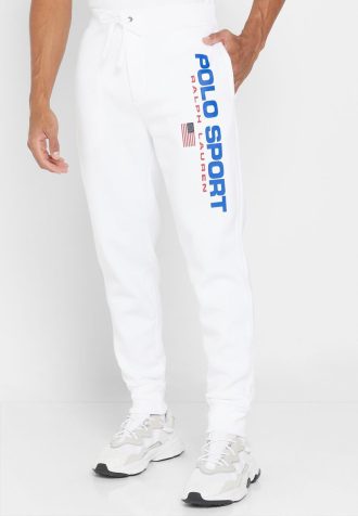 Valkoiset miesten Ralph Lauren -logolla valmistetut lenkkeilyhousut