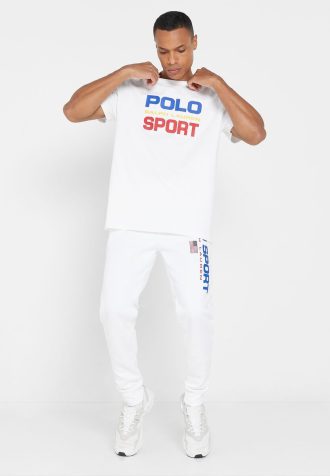 Valkoiset miesten Ralph Lauren -logolla valmistetut lenkkeilyhousut