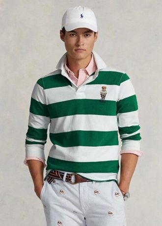 Valkoiset miesten Ralph Lauren mukautetut Slim Fit Bear Rugby -poolopaidat Valkoiset miesten Ralph Lauren mukautetut Slim Fit Bear Rugby -poolopaidat
