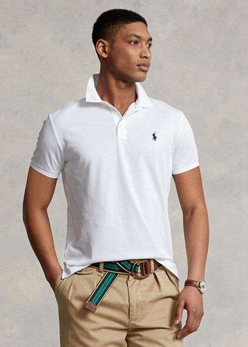 Valkoiset miesten Ralph Lauren mukautetut Slim Fit Birdseye poolopaidat Valkoiset miesten Ralph Lauren mukautetut Slim Fit Birdseye poolopaidat