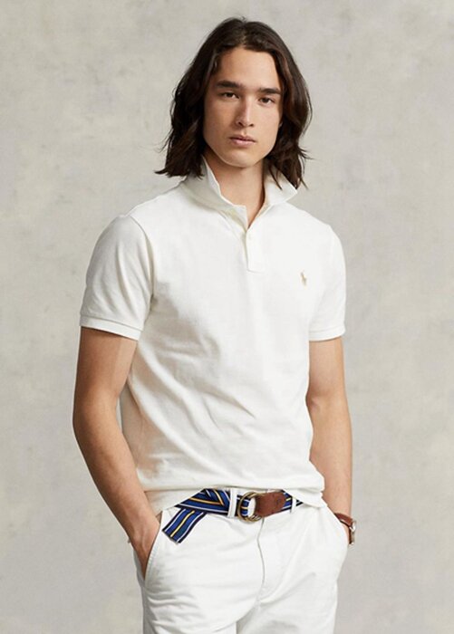 Valkoiset miesten Ralph Lauren mukautetut Slim Fit mesh poolopaidat Valkoiset miesten Ralph Lauren mukautetut Slim Fit mesh poolopaidat