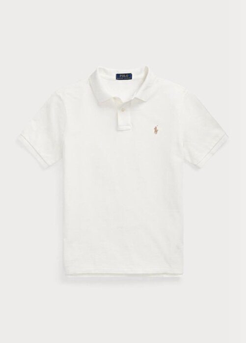 Valkoiset miesten Ralph Lauren mukautetut Slim Fit mesh poolopaidat Valkoiset miesten Ralph Lauren mukautetut Slim Fit mesh poolopaidat