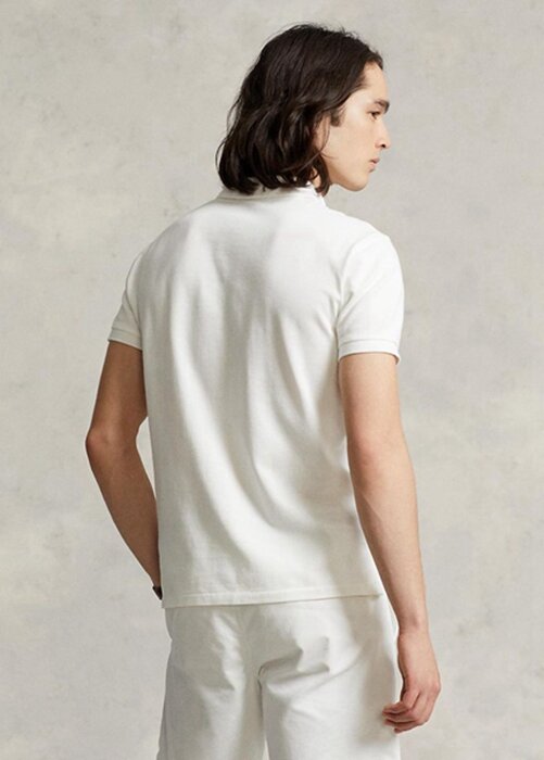 Valkoiset miesten Ralph Lauren mukautetut Slim Fit mesh poolopaidat Valkoiset miesten Ralph Lauren mukautetut Slim Fit mesh poolopaidat