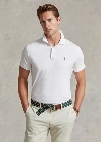 Valkoiset miesten Ralph Lauren mukautetut Slim Fit pehmeät puuvillaiset poolopaidat Valkoiset miesten Ralph Lauren mukautetut Slim Fit pehmeät puuvillaiset poolopaidat