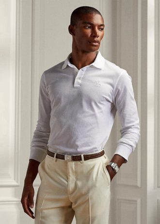 Valkoiset miesten Ralph Lauren mukautetut Slim Fit Pique poolopaidat Valkoiset miesten Ralph Lauren mukautetut Slim Fit Pique poolopaidat
