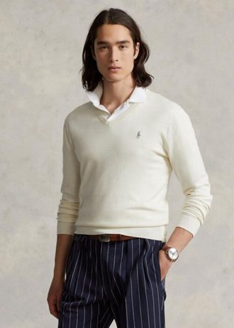 Valkoiset miesten Ralph Lauren Slim Fit -kuvioidut puuvillaiset neulepuserot Valkoiset miesten Ralph Lauren Slim Fit -kuvioidut puuvillaiset neulepuserot