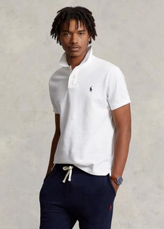 Valkoiset miesten Ralph Lauren Slim Fit mesh poolopaidat Valkoiset miesten Ralph Lauren Slim Fit mesh poolopaidat