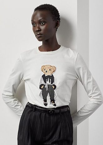 Valkoiset naisten Ralph Lauren Cinema Polo Bear puuvillaiset pitkähihaiset T-paidat