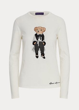 Valkoiset naisten Ralph Lauren Cinema Polo Bear puuvillaiset pitkähihaiset T-paidat