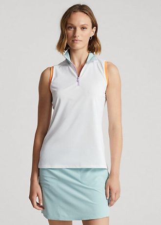 Valkoiset naisten Ralph Lauren -hihattomat puolivetoketjulliset poolopaidat