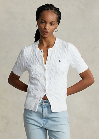 Valkoiset naisten Ralph Lauren kaapelineulotut lyhythihaiset neuleet Valkoiset naisten Ralph Lauren kaapelineulotut lyhythihaiset neuleet