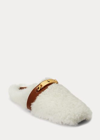 Valkoiset naisten Ralph Lauren Polo ID Shearling-tasaiset kengät Valkoiset naisten Ralph Lauren Polo ID Shearling-tasaiset kengät