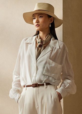 Valkoiset naisten Ralph Lauren Roslin pellava Voile paidat