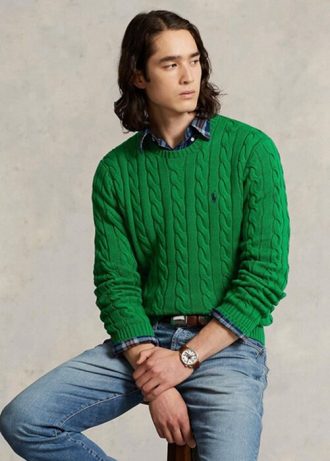 Vihreät miesten Ralph Lauren kaapelineulotut puuvillaneulepuserot