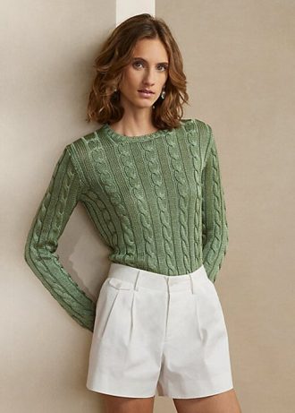 Vihreät naisten Ralph Lauren kaapelineulotut silkki neulepuserot Vihreät naisten Ralph Lauren kaapelineulotut silkki neulepuserot